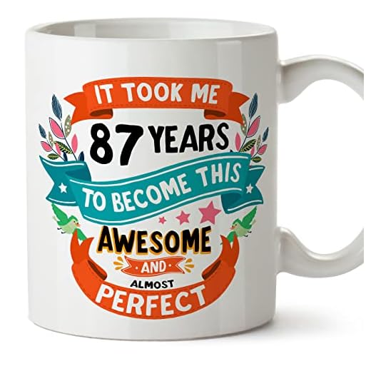 MUGFFINS Tazas 87 Cumpleaños - En Inglés - It took me 87 years to become perfect - 11 oz - Regalo original y divertido