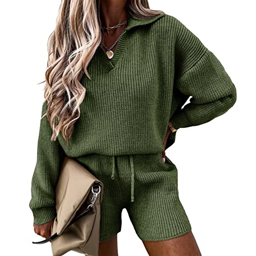 Prettygarden Women's 2 Piece Outfits 2023 Winter Long Sleeve V Neck Knit Pullover And Shorts Sweater Pajama Sets (Army Green,Medium) #TOP8