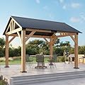 LUXOAK 10x12 ft Wood Gazebo, Hardtop Pergola with Steel Gable Roof, Outdoor Gazebo with Guest House for Garden, Porch, Patio, Black + Natural Wood