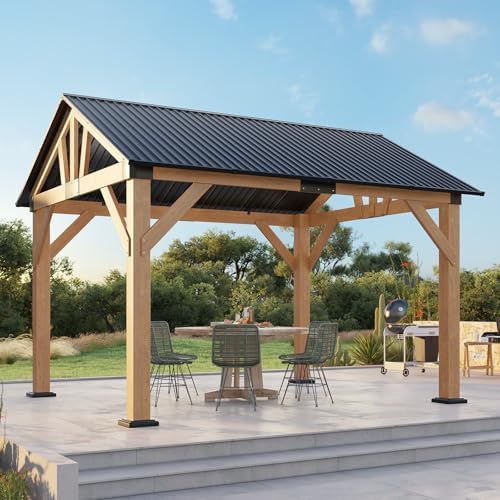 LUXOAK 10x12 FT Wood Gazebo, Hardtop Pergola with Steel Gable Roof, Outdoor Gazebo with Guest House for Garden, Porch, Patio, Black + Natural Wood