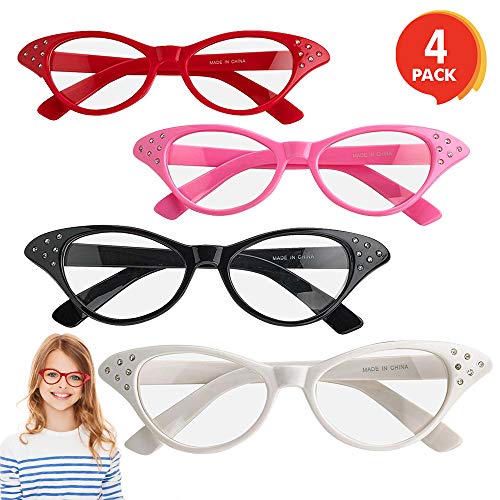 ArtCreativity Retro Cat Eye Glasses with Rhinestones - Pack of 4 - Vintage