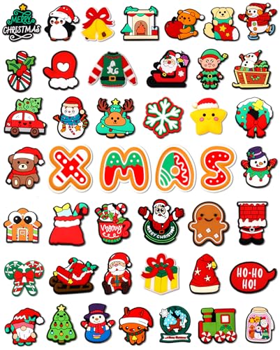 QAUYETM 64 Pcs Christmas Shoe Charms for Clog Sandals PVC Shoe Decorations Accessories with Santa Claus Deer Snowman Christmas Tree Cartoon Charms for Christmas Party Favors