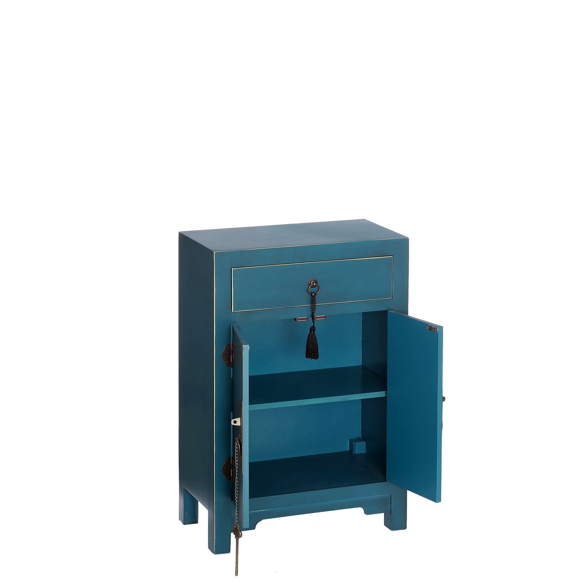 LOLAhome Mesita de Noche de Madera Azul con cajón y Puertas de 69x45x26 cm | Precioso estilo exótico oriental con herrajes de bronce decorativos. Perfecta para organizar y decorar tu dormitorio.