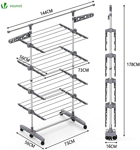 VOUNOT Clothes Drying Rack, Rolling 4-Tier Laundry Hanger Foldable Drying Rack Stainless Steel Clothes Horse for Indoor Outdoor