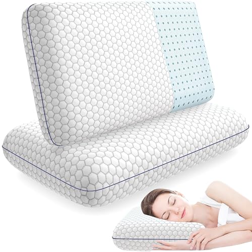 CushyOasis Memory Foam Pillows for Side, Back and Stomach Sleepers, Set of 2, Bed Pillow with Washable Cover and Breathable Mesh, Bed Pillow for Sleeping (Grey，Standard Size)
