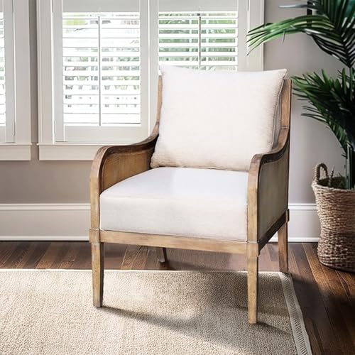 MOOSH Upholstered Cane Accent Chair, Solid Wood Foundation, Removable Back