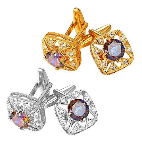 U7 Men Cufflinks for Wedding Christmas Business Platinum or 18K Gold Plated Crystal Fancy Stone Cuff Links, Custom Photo Cufflinks,Gift Packed Rainbow