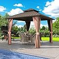 Gazebest 10' x 10' Hardtop Gazebo, Aluminum Frame Metal Gazebo Double Galvanized Steel Roof Pergola with Curtains and Netting for Patio, Garden, Lawn, Parties.