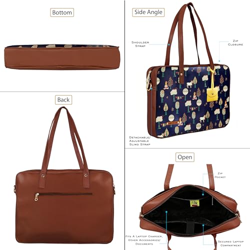 Image of Funk For Hire Women's Navy Blue Brown Printed Faux Leather 15.6 inch Laptop Handbag Sling with Waterproof Nylon Lining Cushioned Sleeve Adjustable Padded Strap Organizer