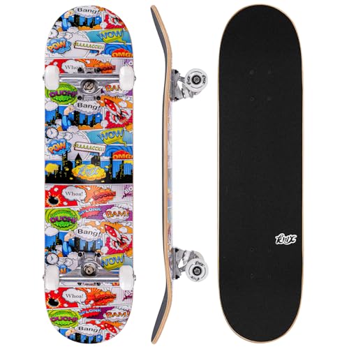 ARROW BOARD Standard-Skateboards für Kinder, Anfänger, 31 x 8 Zoll, kanadisches Ahornholz, Double Kick Concave-Deck | Profi Achsen | Skateboard für Cruising und Tricks(Comic-Stil)