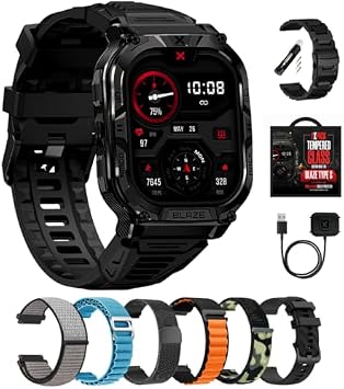 CARBINOX Blaze Smart Watch Ultimate Pack with GPS, Rugged Fitness Tracker Waterproof IP69K, Compatible with Android and iOS, 170+ Sports Modes, Make/Receive Calls (Square)
