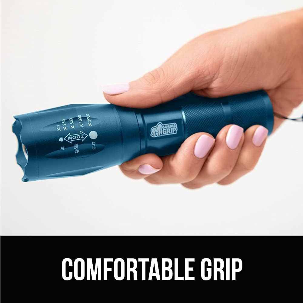 Gorilla Grip 2 Pack Tactical Handheld LED Flashlight, Ultra Bright 5 Mode, Long Lasting, Water Resistant, High Lumen, 750 FT Zoom Flashlights, Camping Accessory, Outdoor Gear, Emergency Outages, Blue : Tools & Home Improvement