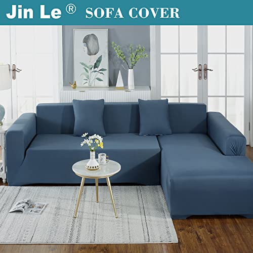 Jin Le Couch Cover L Shape Sectional Sofa Cover Sofa Slipcover Furniture Protector Couch Slipcover For L-Shape Sofa Soft Stretch Slipcovers With 2Pcs Pillowcases (3 Seater And 3 Seater, Grayish Blue) #TOP1