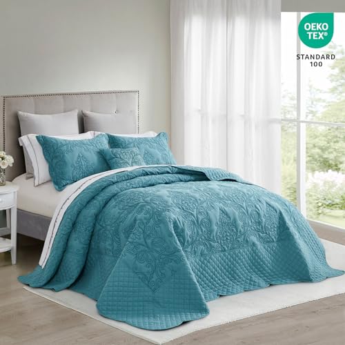 Image of CHIXIN Bedspread Coverlet Set Queen Size - Lightweight Bedding Cover - Beautiful Stitching - 5 Piece Reversible Bedspread - Luxury Damask Paisley Pattern (Queen, Lagoon)
