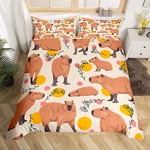 Cartoon Capybara Duvet Cover for Kids,Cute Brown Capybaras Comforter Cover Single Size for Teens Boys Girls Room Decor,Funny Doodle Plants Dots Design Bedding Set Microfibre Soft Bedspread Cover 2Pcs