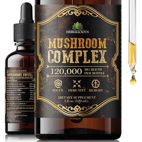 HERBALICIOUS Mushroom Complex – 8 Mushroom Supplement for Focus, Memory, and Immune Support – High Potency 120,000mg Blend – Lion’s Mane, Reishi, Cordyceps, Turkey Tail, Chaga 4 fl oz Cover