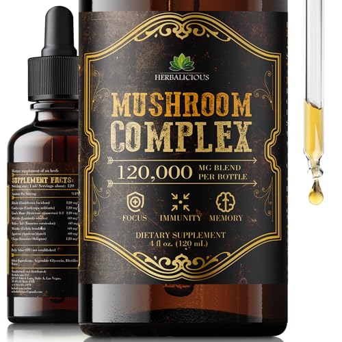 HERBALICIOUS Mushroom Complex Supplement 8 Mushroom Blend for Focus Memory & Immune Support High Potency Mushroom Supplement with Lions Mane Reishi Cordyceps Chaga 4 fl oz