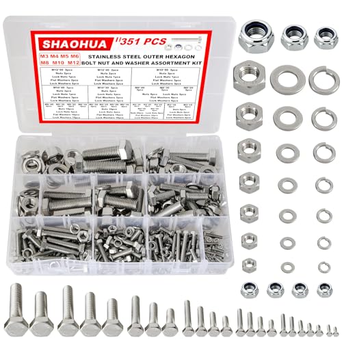 SHAOHUA M3/M4/M5/M6/M8/M10/M12 Metric Bolt Assortment Kit, 304 Stainless Steel Heavy Duty Flat Hex Head Screws Bolts and Nuts Kit, Nuts Flat Gasket and Lock Washers Assortment Ki, Silver, 351Pcs