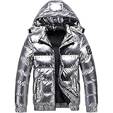 JEShifangjiusu Men's Metallic Shiny Hooded Down Jacket Quilted Insulated Padded Coat Alternative Puffy Water-Resistant Coat (Silver 2,X-Large)