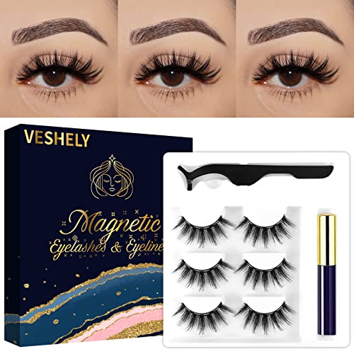 EYEKESHE Magnetische Wimpern mit Eyeliner,3 Paar Nerz Lange Faux Nerz Magnetische Wimpern Kit,3D & 5D Dramatische Gefälschte Falsche Wiederverwendbare Wimpern Magnetisch - Kein Kleber erforderlich Cover