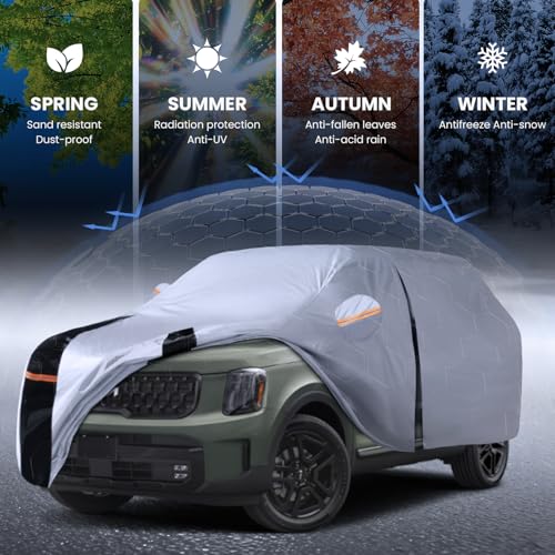 Image of Multi-Layer Car Cover Custom Fit for Kia Telluride(2016-2026), 100% Waterproof All Weather for Automobiles, Gift with Towel, Heavy Duty Car Covers for Rain Sun UV Protection with Door Zipper
