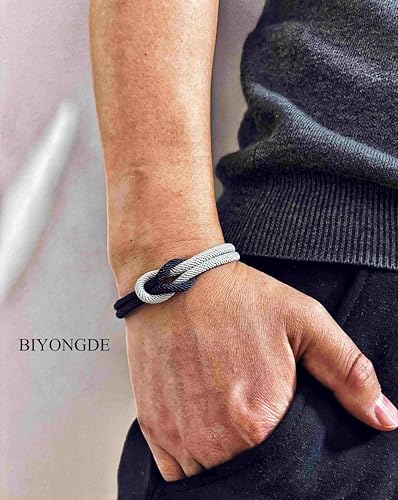 Mens Two-tone Nautical Love Knot Rope Bracelet, Navy Blue and Silver Grey Double Row with Sleek Stainless Steel Black Clasp, Friendship Forever Love Rope Bracelet, Minimalist and Nautical Style2