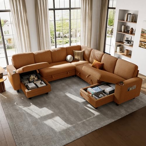 Image of LINSY HOME Sectional Sleeper Sofa with Pull Out Couch Bed - Convertible Plush Corduroy Cloud Couches with Storage Chaise & USB Charging, Comfy Modular Couch for Living Room, Brown
