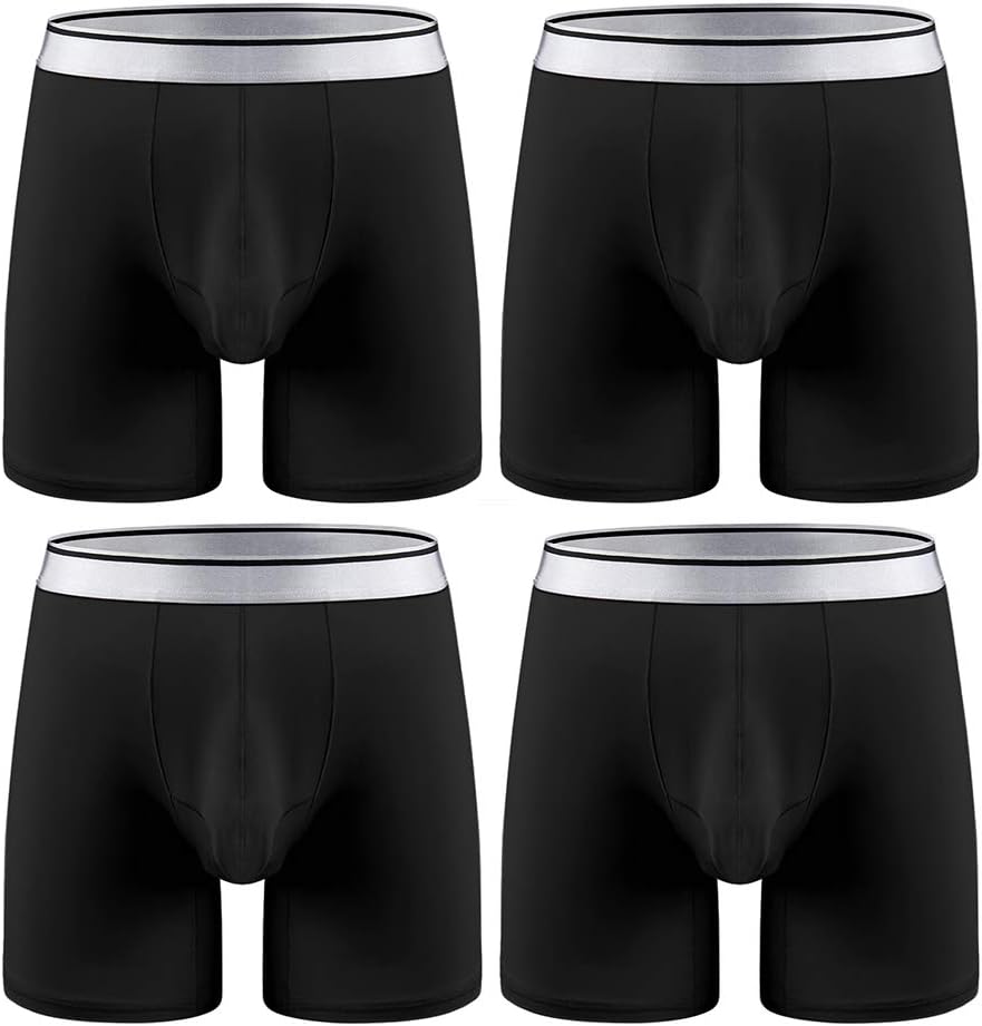 Jyoisa Men's Long Leg Boxer Shorts Brief Pants Ice Silk Bulge Pouch Trunks Underpants Breathable Sports Underwear S-XXL (Pack of 1/4)