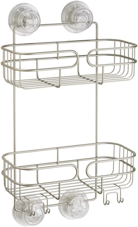 mDesign Metal Power Lock Suction Large Bathroom Shower Caddy for Showers, Stalls and Bathtubs - Hold and Store Shampoo, Conditioner, Body Wash, Scrubs, Soap, Razors - 2 Tier Baskets and 2 Hooks, Satin