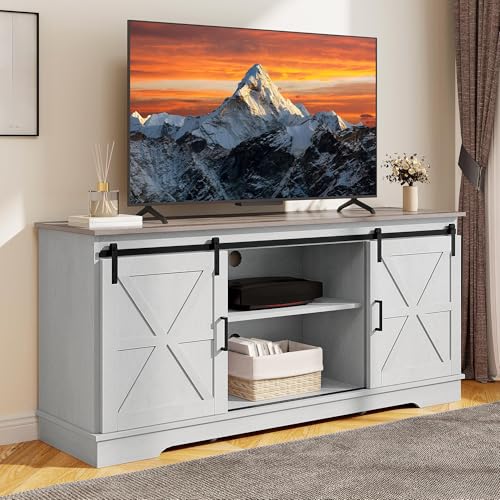 DWVO Farmhouse TV Stand for 55/60/65 Inch TVs, Entertainment Center with Storage Compartments & Sliding Doors, Media Console for Living Room and Gaming Area, Grey Wash &Grey White