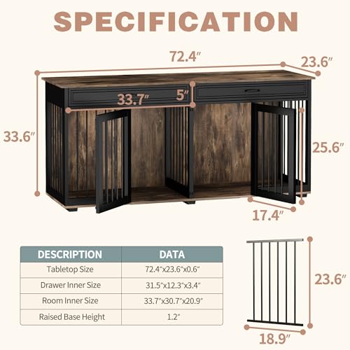 Lovinouse Large Dog Crate Furniture for 2 Dogs, 72.5\" Indoor Heavy Duty Wooden Large Dog Kennel with Drawers & Divider, Indoor Furniture Style Dog House with Double Rooms,Rustic Brown