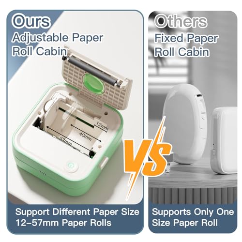 DOLEWA Mini Drucker, Tragbarer Thermodrucker mit 7 Rollen Aufklebern, Aufkleberbreite Einstellbar 12–57 mm, Compatible with Smartphone und Tablet, für Lernen, Bilder, Quittungen, to-Do-Listen (Grün)