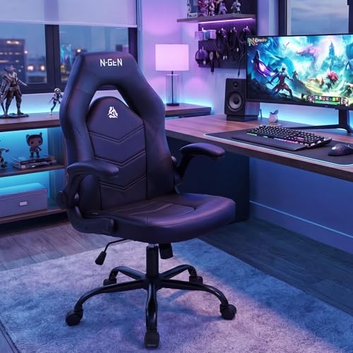 Image of N-GEN Video Gaming Computer Chair Ergonomic Desk Office Chair for Adults with Lumbar Support Flip-Up Arms Adjustable Height Swivel Wheels PU Leather Executive Design for Home and Office (Jet Black)