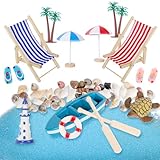 Guittly 14 Stück Strand-Mikrolandschaft Miniatur Dekoration Mini Stranddekorationen Miniliegestuhl Strandkorb Sonnenschirm Kleine Palme Strand Deko für DIY Garten Sandkasten Einzigartiges Geschenk