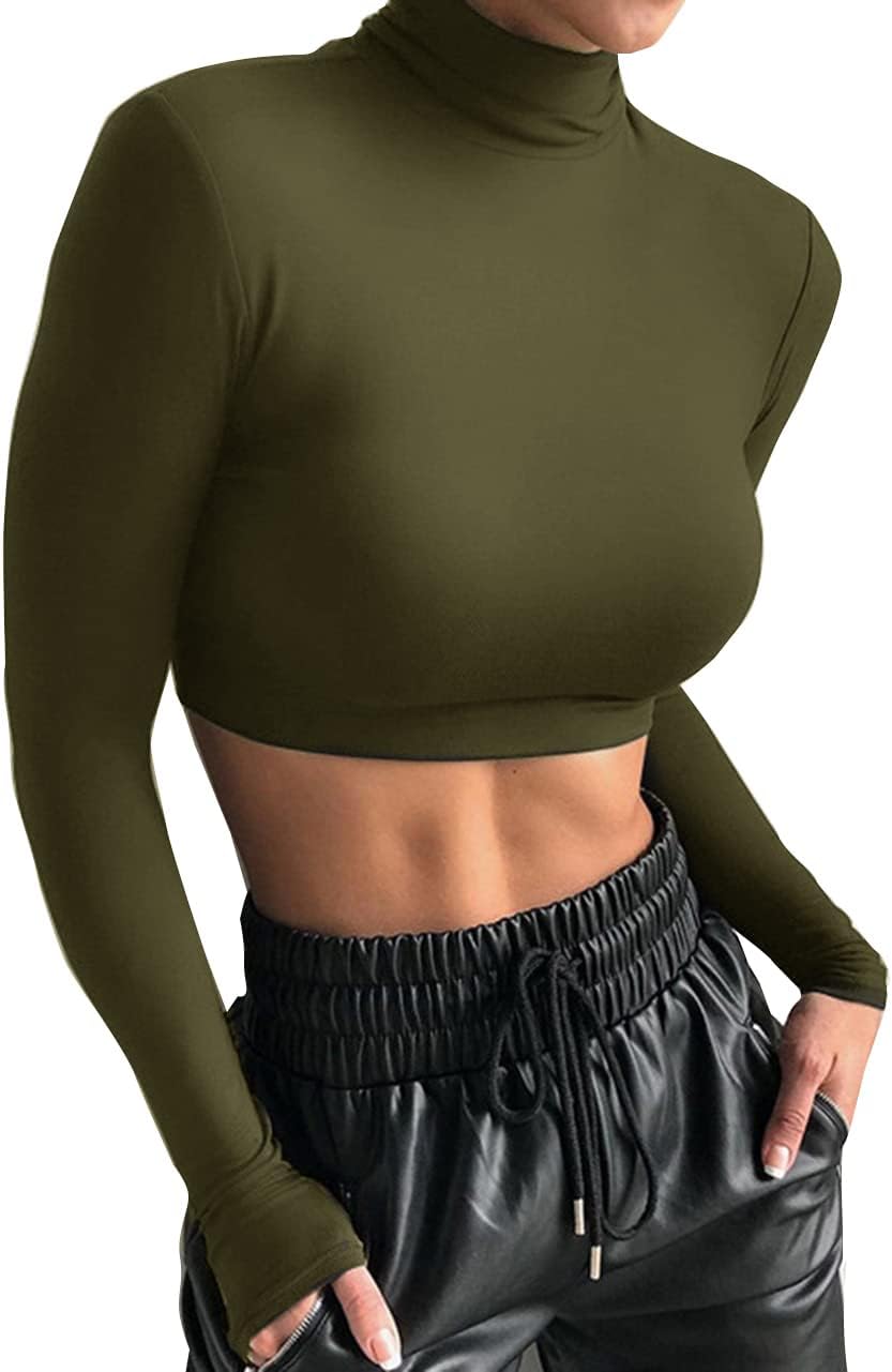 GEMBERA Women's Long Sleeve Turtleneck Crop Tops Fitted Basic T Shirt Top - Image 2