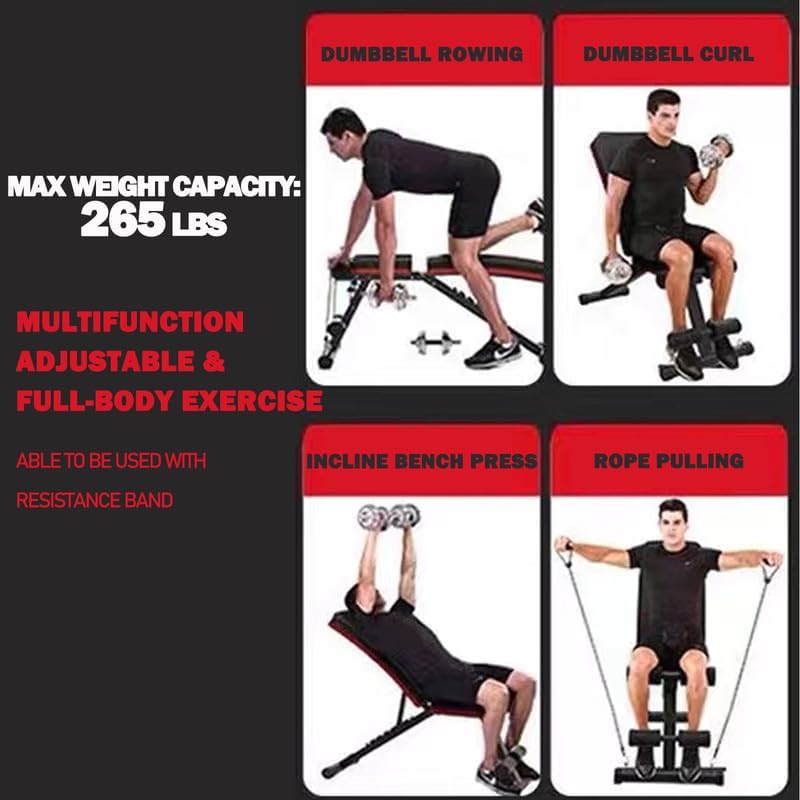 Adjustable Weight Bench with Resistance Band Foldable Sit Up Strength Training Utility Benches Workout Bench Flat Incline Decline Bench Press for Home Gym Dumbbell Exercise