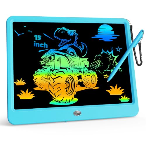 KOKODI 15 Inch LCD Writing Tablet with Anti-Lost Stylus, Erasable Doodle Board Colorful Toddler Drawing Pad, Car Travel School Games Toys for 3 4 5 6 7 8 Kids, Birthday Gift for Girls Boys Blue