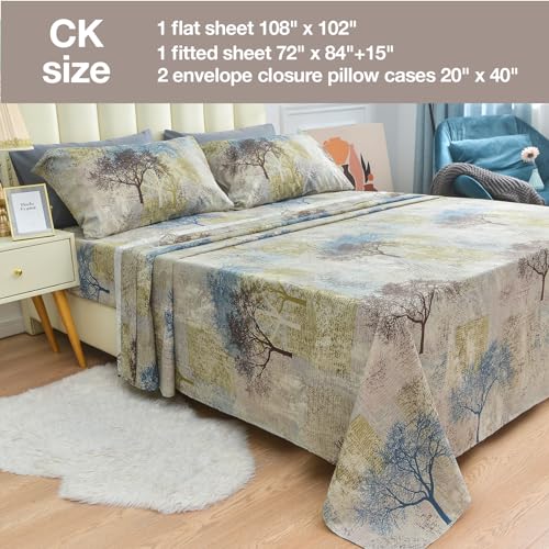 Image of JSD Rustic Tree Pattern Print Sheet Set Cal King Deep Pocket | 4 Piece Soft Botanical Microfiber Sheets, OEKO-TEX Certified, Easy Care