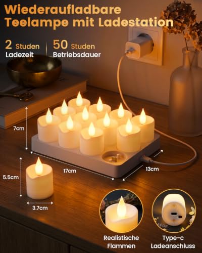 buways 12er LED Teelichter Wiederaufladbar mit Fernbedienung & Ladestation – Ansicht 2