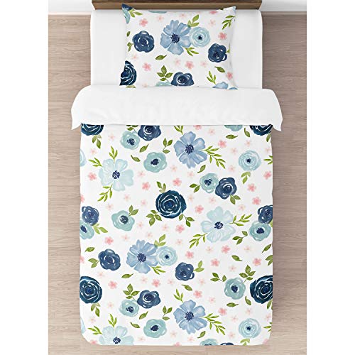 Image of Sweet Jojo Designs 2-Piece Twin Comforter Set (Blue /Pink Boho Floral) for Girls, Kids, Teen, College Bed Room incl. Single Size Bedding & Sham (Watercolor, Flower, Elegant Rose, Farmhouse, Blush Navy)