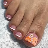 French Tip Press on Toenails Short Fake Toe Nails Orange Flower Design False Toenails Summer Cute Sq