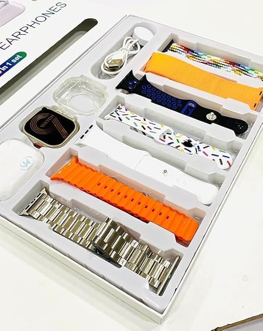 Contents of the DS i20 Ultra 2 Max Suit 10-in-1 Set, showing smartwatch, earphones, multiple straps, and charging cables.