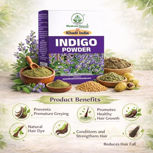 Image of Khadi Indigo Powder for Hair Colour | 100% Natural Hair Colour For Grey Coverage | Organic Indigo Leaf Powder | Long Lasting Natural Black Hair Dye with No Chemicals, No Parabens - Pack of 2