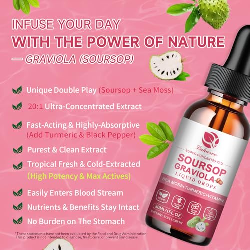 Image of (2 Pack)Whole Soursop Graviola Leaf Extract Liquid Drop with Irish Sea Moss | Herbal Soursop Bitters Liquid for Cell Support & Regeneration,Immunity and Gut Health丨Vegan,Non-GMO,Strawberry Flavor,1 Fl Oz