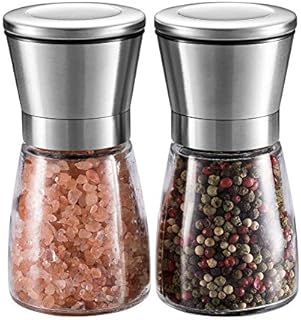 WINSHEA Salt and Pepper Grinder Set  Premium Stainless Steel Salt & Pepper Mill with Glass Body and Adjustable Coarseness, Brushed Stainless Steel Salt and Pepper Shakers