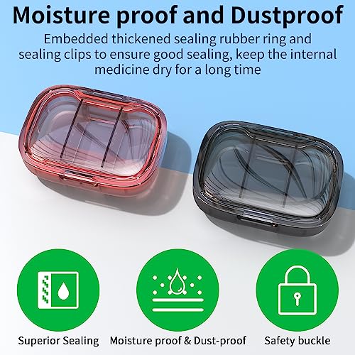Image of 2 Pack 3 Compartment Small Pill Box, Moisture Proof Pill Case, Travel Pill Organizer for Pocket Purse, Daily Portable Medicine Vitamin Box, Fish Oil Box, Supplement Box (Black+Orange)