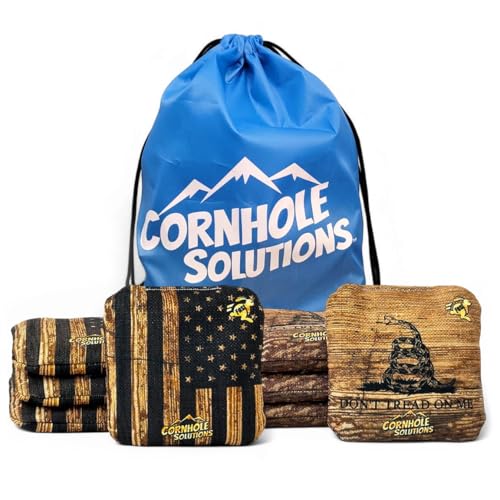 Cornhole Solutions Cornhole Bags Set of 8 – Regulation Pro Style 6x6 – USA Flag Designs – Resin Filled + Tote Bag (Wood DTOM/Flag)
