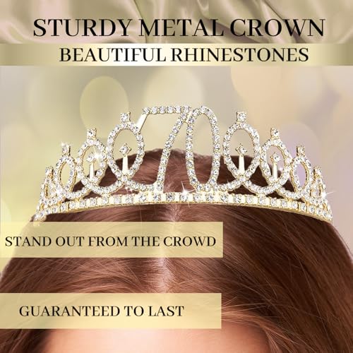Image of Trgowaul 70th Birthday Decorations for Women, Banner, Sash and Crown, Cake Topper, 70 Number Balloon, Fringe Curtains, Champagne Gold 70th Birthday Party Supplies