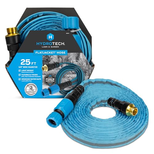 HydroTech FlatJacket 5-8 25 ft Garden Hose with Patented Force Control Technology- Flexible, Kink-Free, Lightweight Hose for Lawn, Garden, Car Washing, Deck and Patio Cleaning
