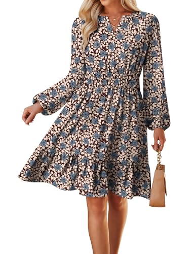 GRACE KARIN Damen Wickelkleider Langarm V-Ausschnitt Blumenmuster Freizeitkleider Braun Boden Blaue Blume XXL